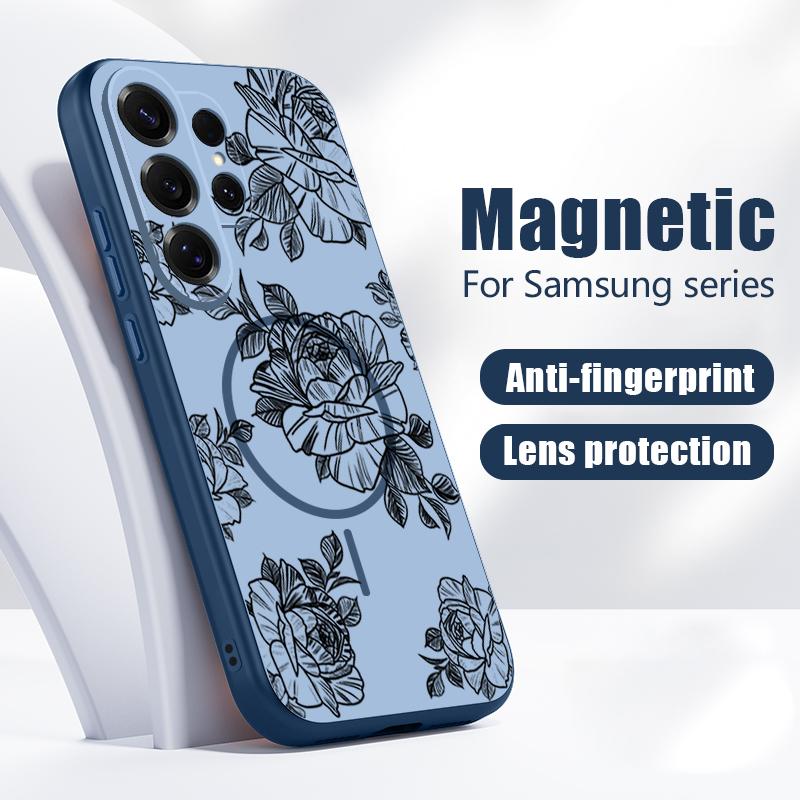 Magnetic For Magsafe Case For Samsung Galaxy S26 Ultra S25 Edge S24 Plus S23 FE S22 A54 A55 A56 5G Sketching Rose Flower Pattern Matte Cover