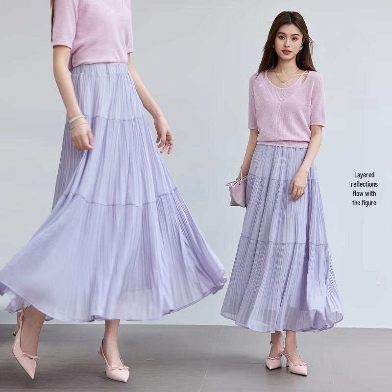 VICTORIA&VERA Women's Summer Pleated Chiffon Midi Skirt