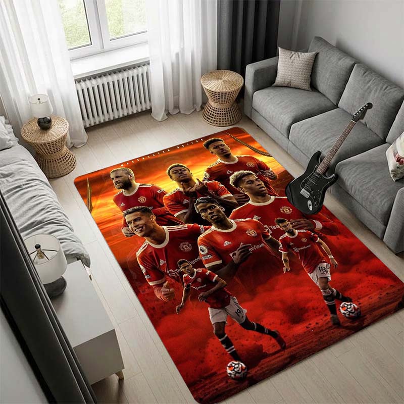Manchester United Logo Area Rug, Red Base White Stripe Team Crest Print Non Slip Floor Rug for Football Fan Bedroom Living Room Decor