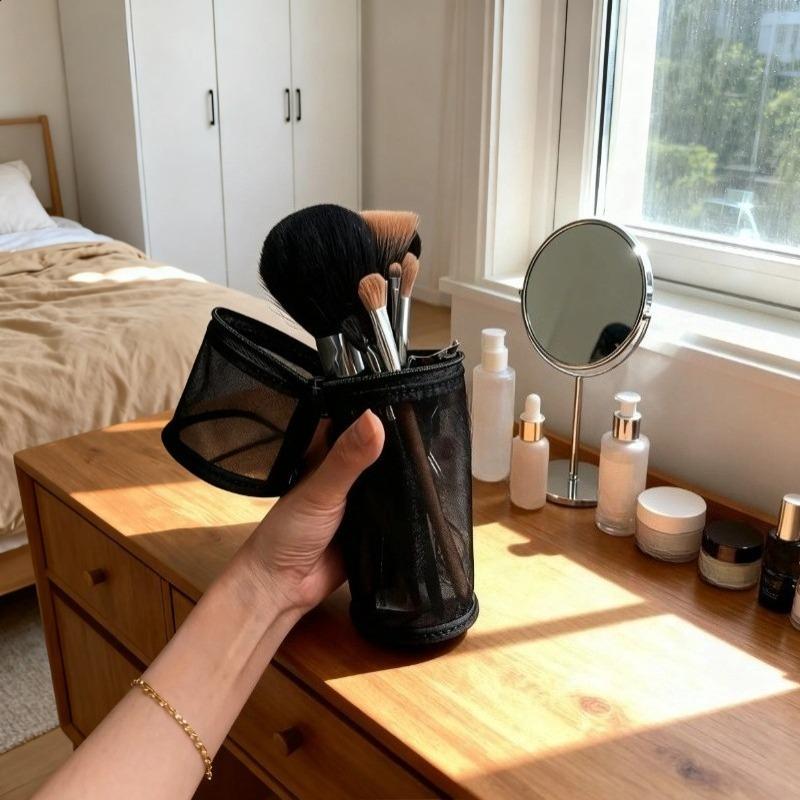 Portable Makeup Brush Storage Bag Mesh Dual-use Brush Case Simple Large Capacity Brush Bucket Holder Travel Stand-up Pouch