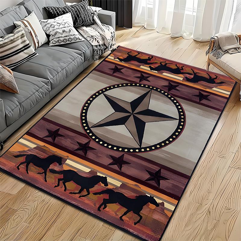 Western Star and Horse Pattern Rug Non-slip Rug Suitable for Living Room and Bedroom Sofas.