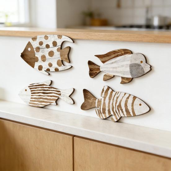 4Pcs Vintage Beach Wall Decor Nautical Coastal Wooden Fish Wall Art Ocean Style Fish Sculpture Lake House Hanging Decoration for Bathroom Bedroom