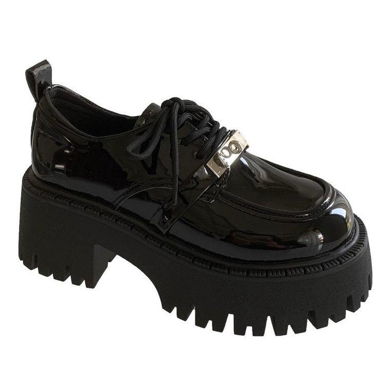 2025 Autumn Platform Small Leather Shoes Women's British Style New Thick Heel Heightening Black Loafers Lace-up Cotton Shoes