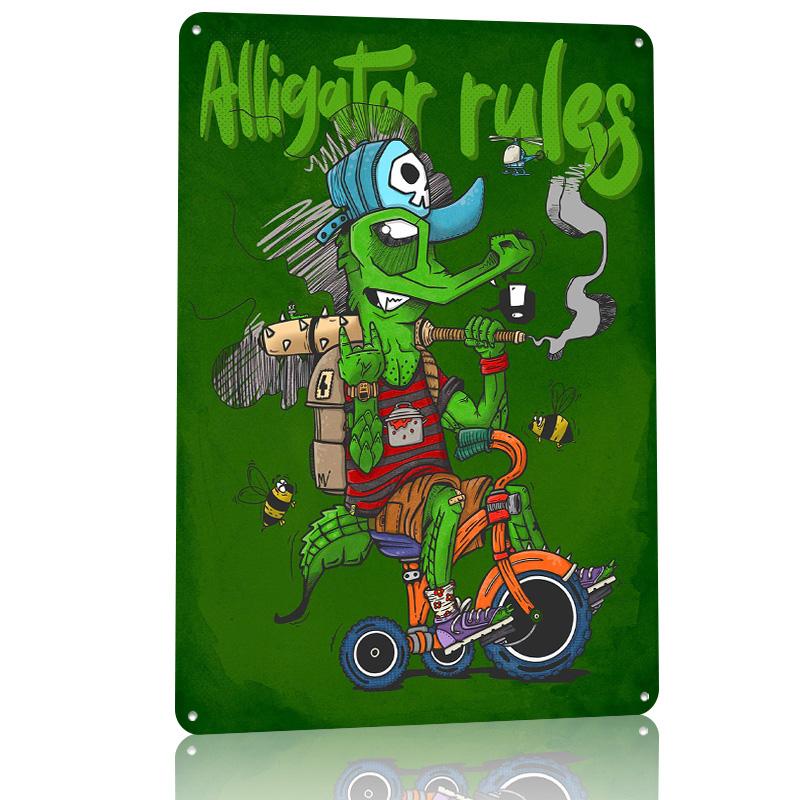 Alligator Rules Personalized D Textured Metal Poster Wall Art Tinplate Sign for Gaming Room Decoration Items Bathroom Decor
