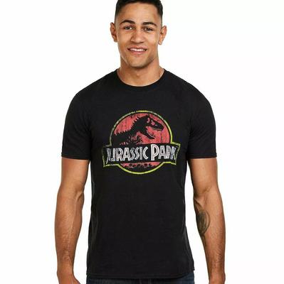 100% algodão TOPS UNISEX CAMISETAS MASCULINAS FEMININAS Jurassic Park Camiseta Masculina Logo Desgastado Preto