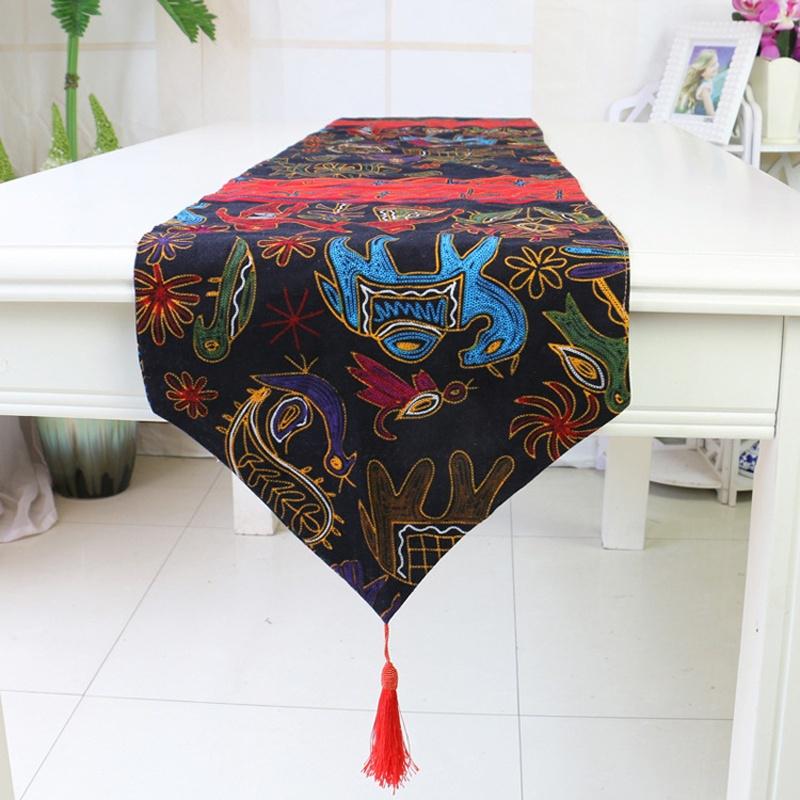 Ethnic Style Auspicious Elephant Table Runner Tasseled Edges Totem Tablecloth Table Covering Cloth