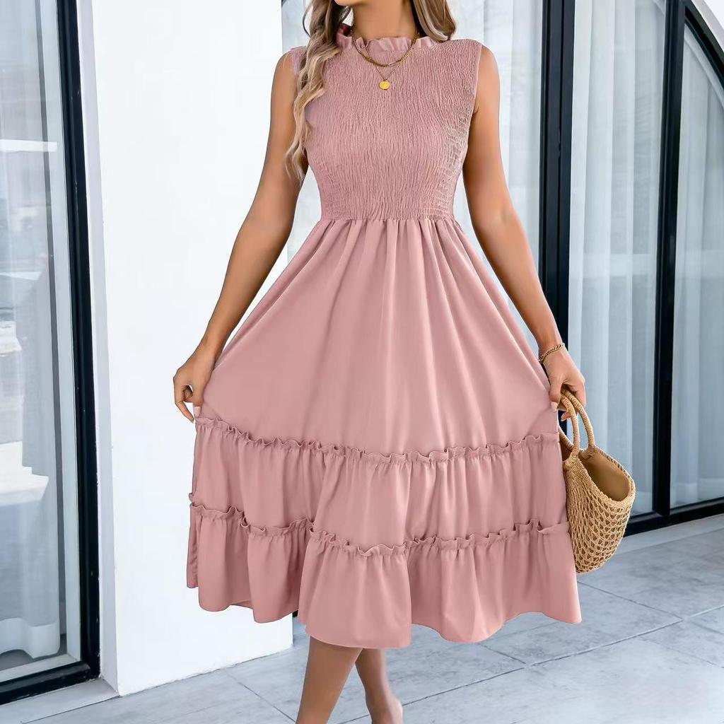 2026 Spring/Summer Sleeveless Smocked Waist Ruffle Hem Maxi Dress - Women's Casual European and American Style