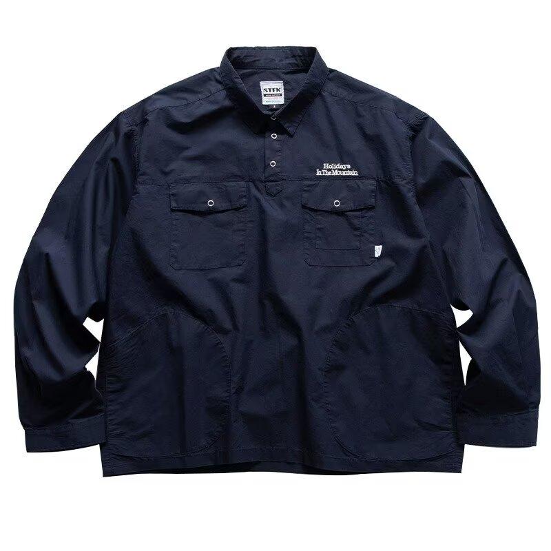 Japanese Retro Simple Letter Embroidered Shirt Men's Long Sleeve Lapel Multi-Pocket Casual Shirt Spring and Autumn Coat