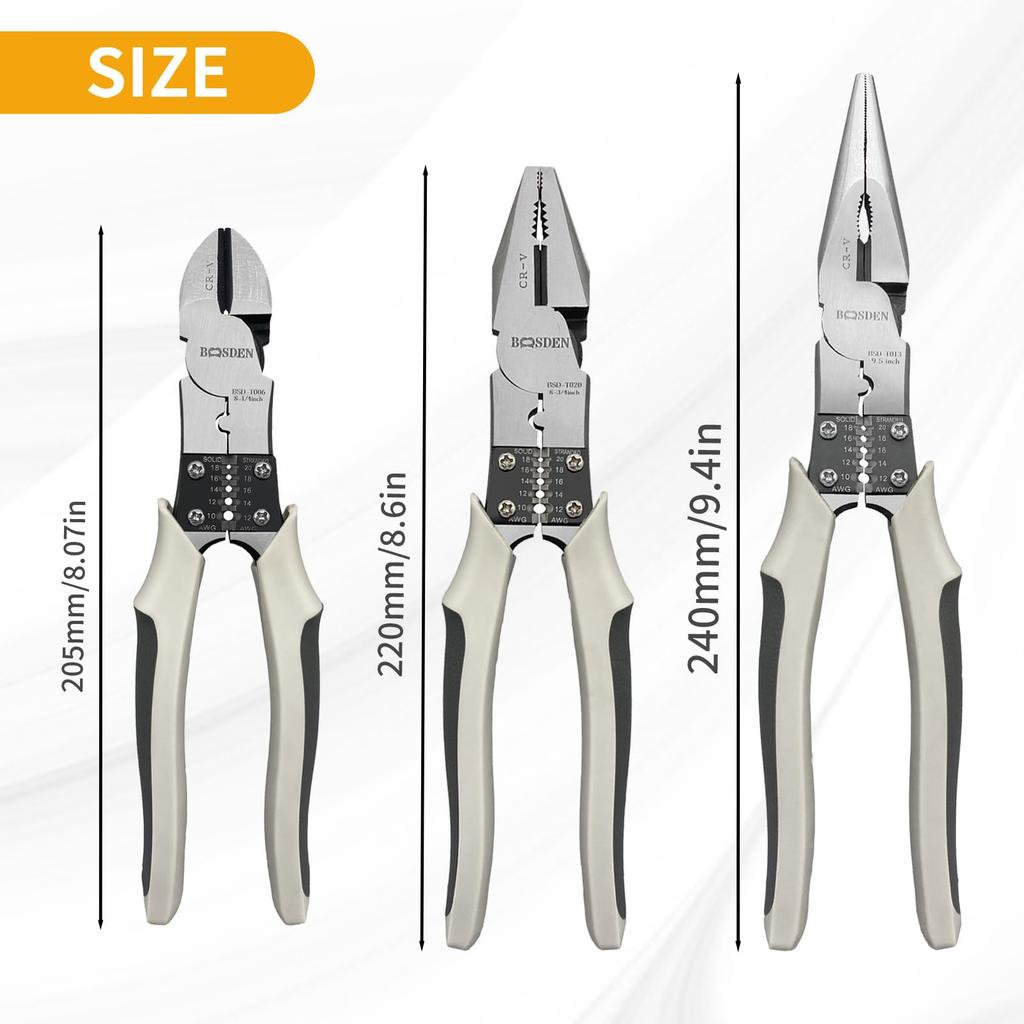 BOOSDEN 3-Piece Multi-Function Set of Heavy-Duty Power Nippers, Needle-Nose Pliers, and Power Pliers for Electricians