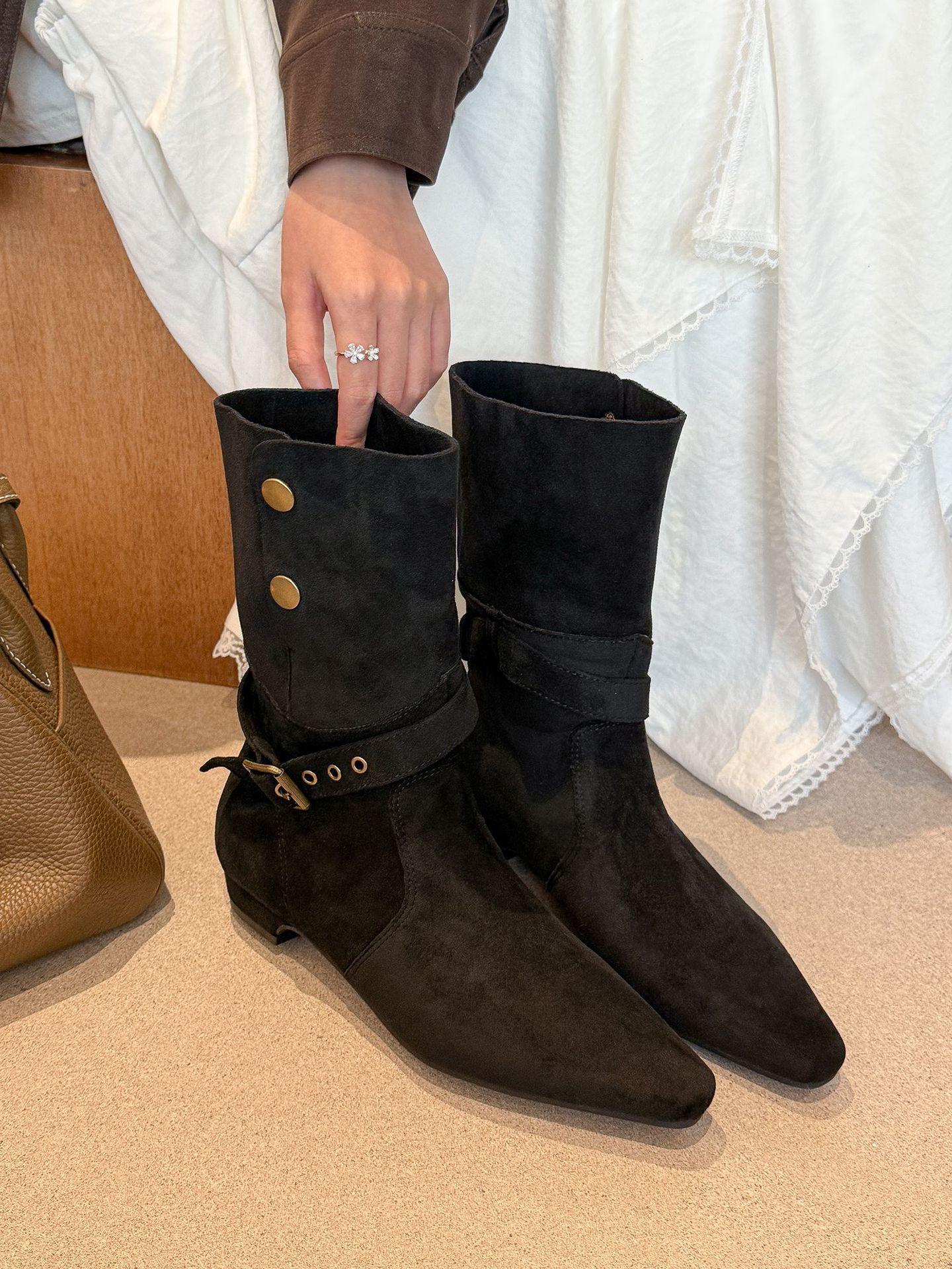 

FanGui~ is exaggerated! Vintage Maillard coffee pointed toe and two short boots women s autumn Martin boots 39 чёрный