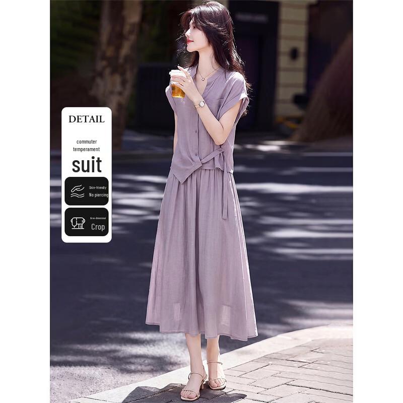 Women s Linen Blend Tie-Waist Shirt & A-line Skirt Set L