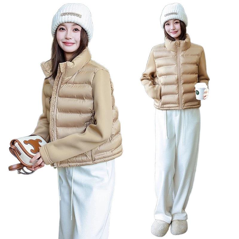 Women's winter stand-up neck cotton-padded clothes splicing sleeves short jacket light and warm solid color cotton-padded jacket direct supply