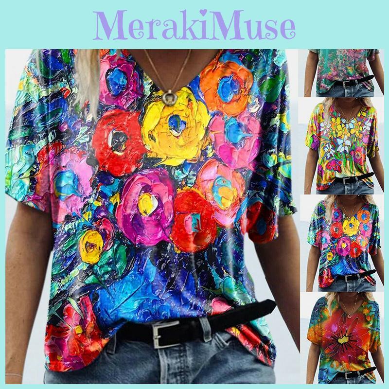 Summer Casual T Shirt With Floral Print And V Neck For Women
