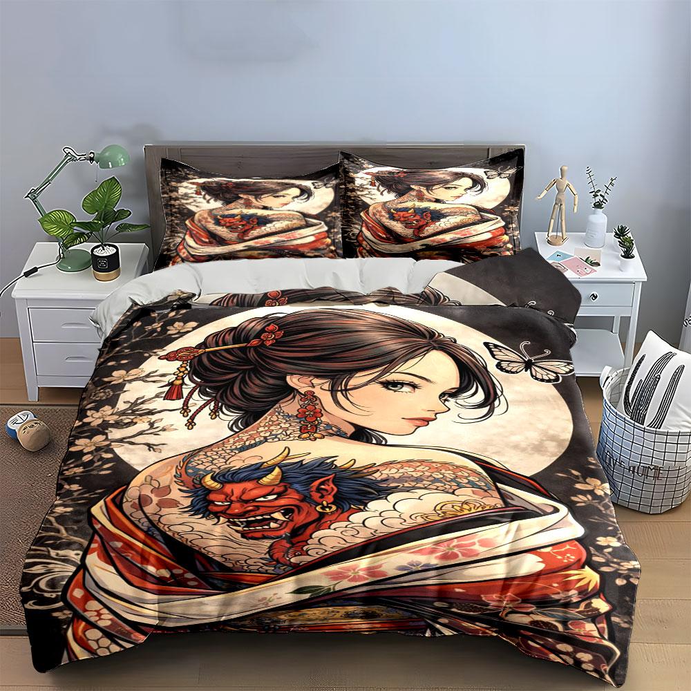 Geisha, butterfly, and oni. Bedding sets Duvet cover sets Duvet covers Pillowcases(1 * Duvet Cover 2 * Pillowcases, without duvet insert)