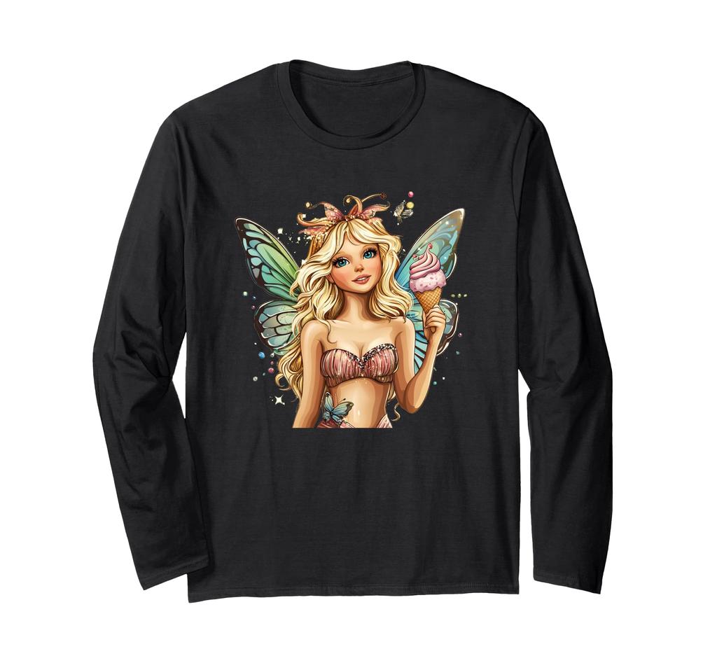 A Pretty Fairy with Wings and Ice Cream for Fantasy Lovers. Long Sleeve T-shirt