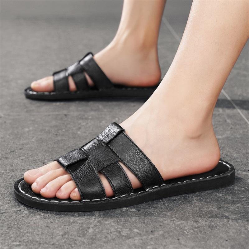 Men Slippers Handmade Simple Flats Brown Leather Sandals Black Summer Roman Sandals Open Toe Beach Shoes Plus Size