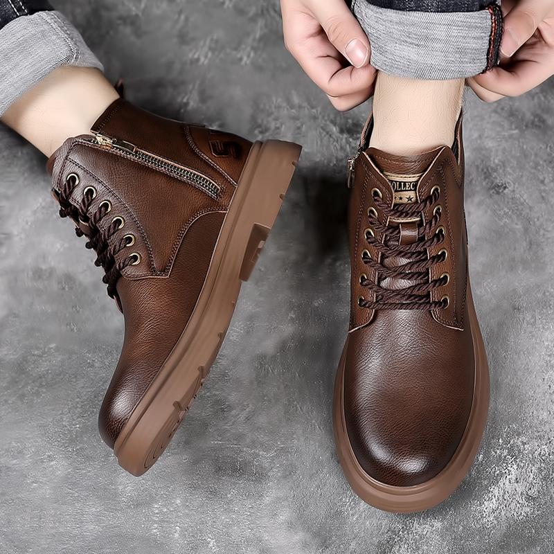 Men's High Top Leather Shoes Classic Street Style Motorcycle Boots Leisure Walk Male Mid-Calf Boots Outdoor Versatile Men Botas