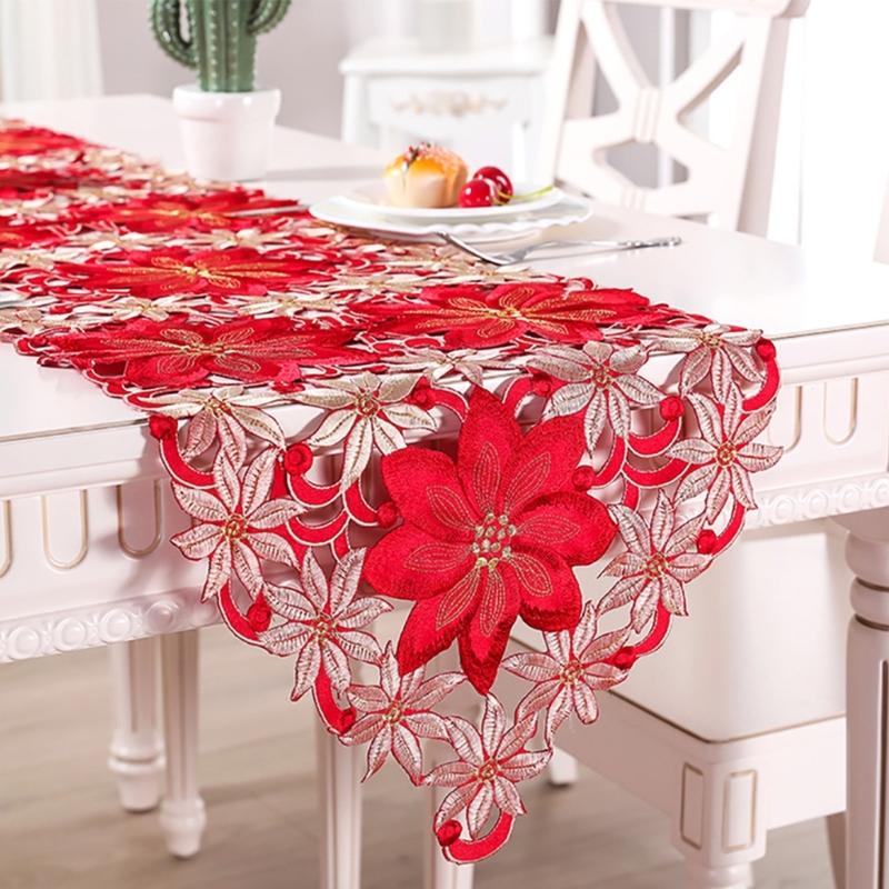 Linen Table Runner Long Embroidered Rustic Table Linen Flower Pattern Hollow Table Cover Dining Room Decoration Home Use
