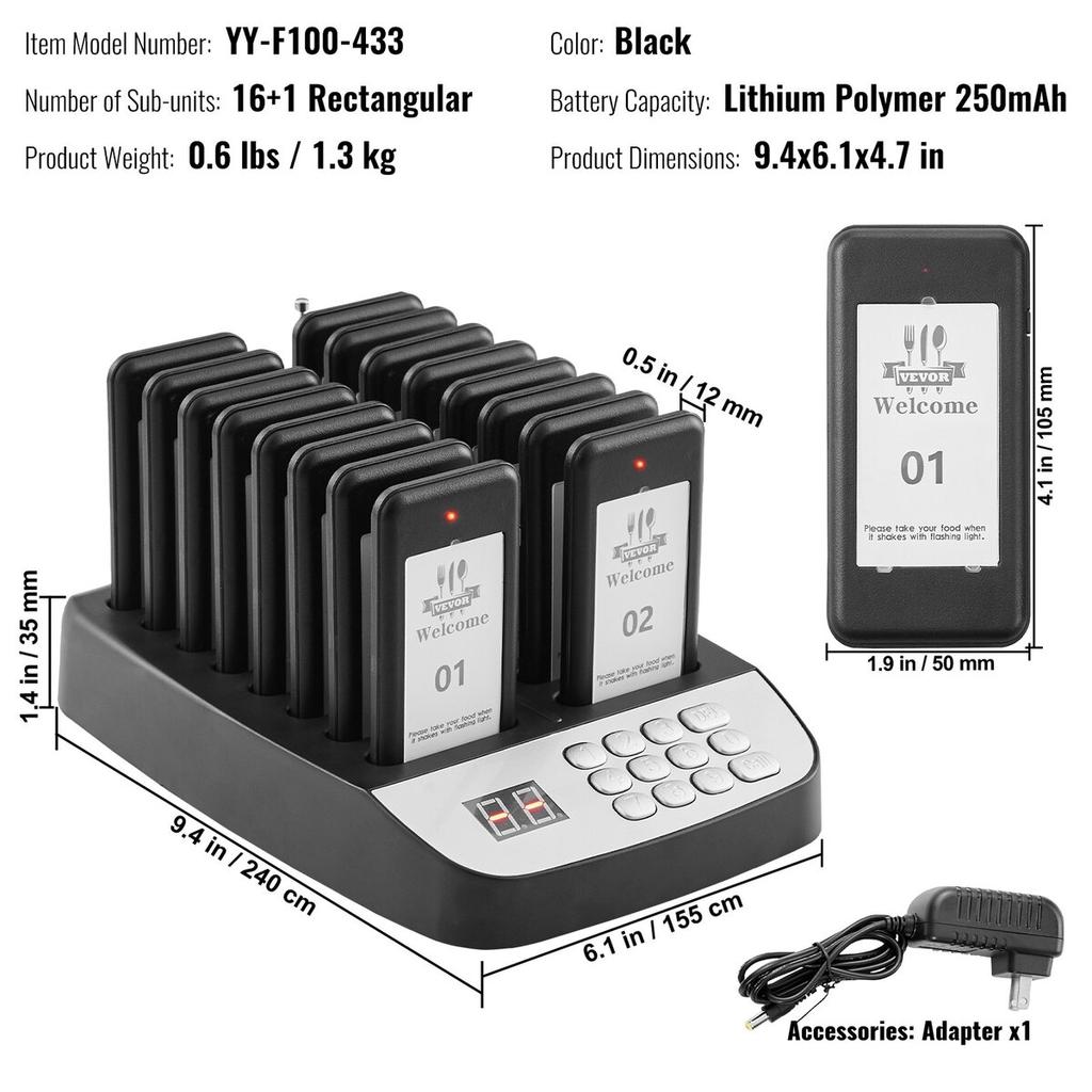 Restaurant-Pager-System, Kabellos 500m Reichweite Aufstell-Warteschlangen-Signal, Gäste-Kunden-Ruf-Piepser mit Vibration & Blinken, 16 Piepser