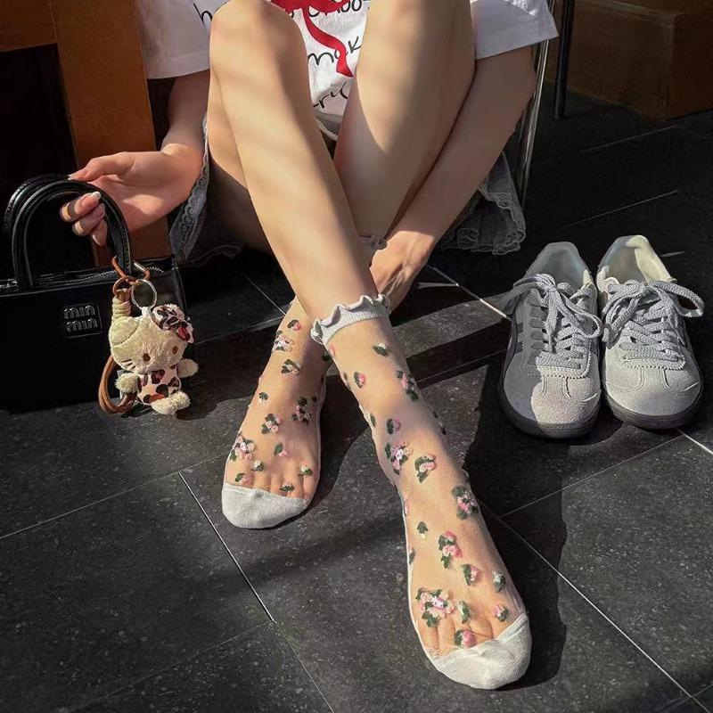 Women Summer Floral Embroidery Thin Transparent Long Socks Mesh Socks Flowers Socks