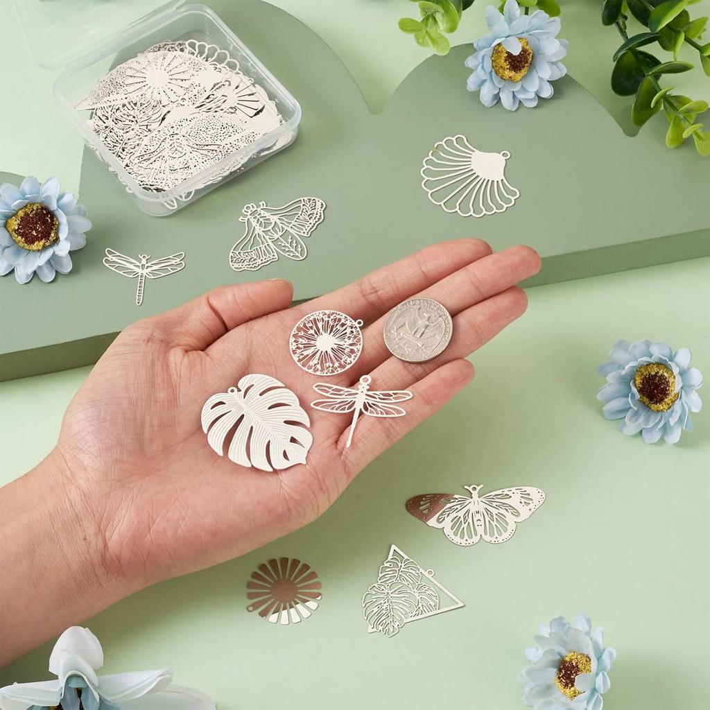 Rainbow Thin Filigree Charms Stainless Steel Teardrop Heart Pendants Metal Flower Leaf Butterfly Charms Etched Metal Embellishments for Earrings
