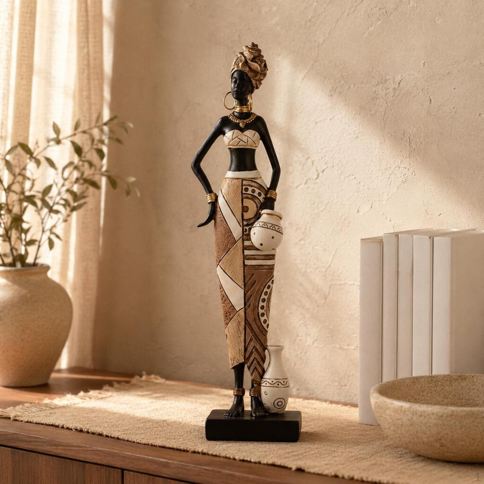 AfricanInfluenced Resin Figurine Tones Accents African Woman Statue Collectible HandPainted Human Standing a
