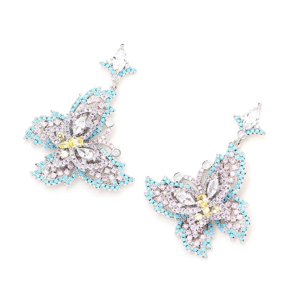Heavy Industry Micro-inlaid Zircon Blue Butterfly Earrings Elegant Light Luxury Insect Earrings 925 Silver Needle Dinner Earrings Women's