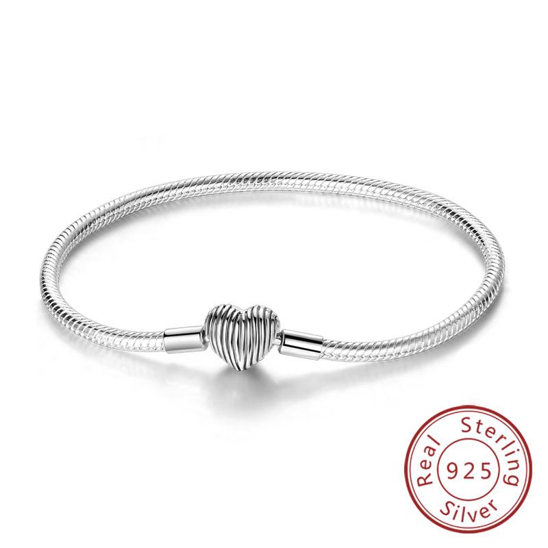 Armband Original 925 Sterling Silver Berlockarmband 17-20CM Kärlekshjärta Pave Zirkonia Armband för Kvinnor DIY Berlock Smycken Gåvor