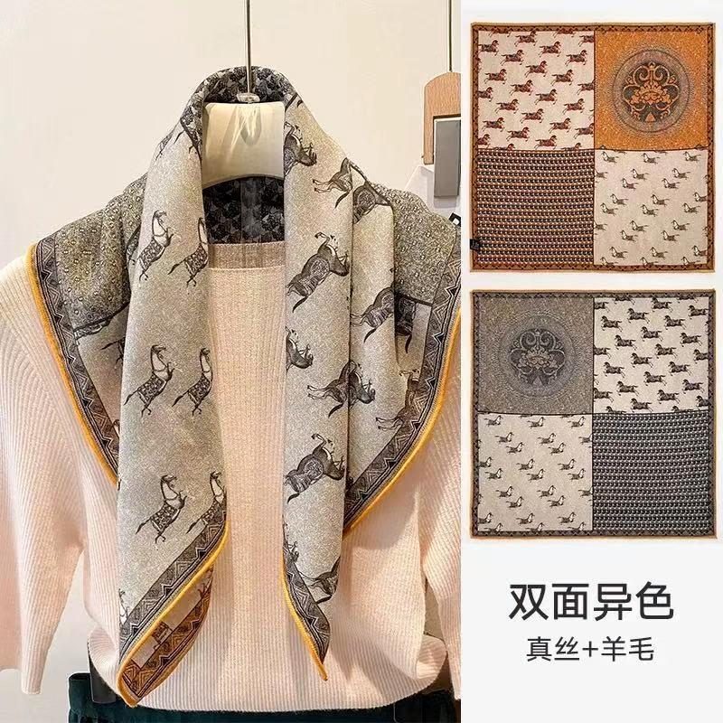 Silk wool scarf silk scarf 85 silk wool large square scarf double-sided shawl 2025 new autumn and winter neck high sense