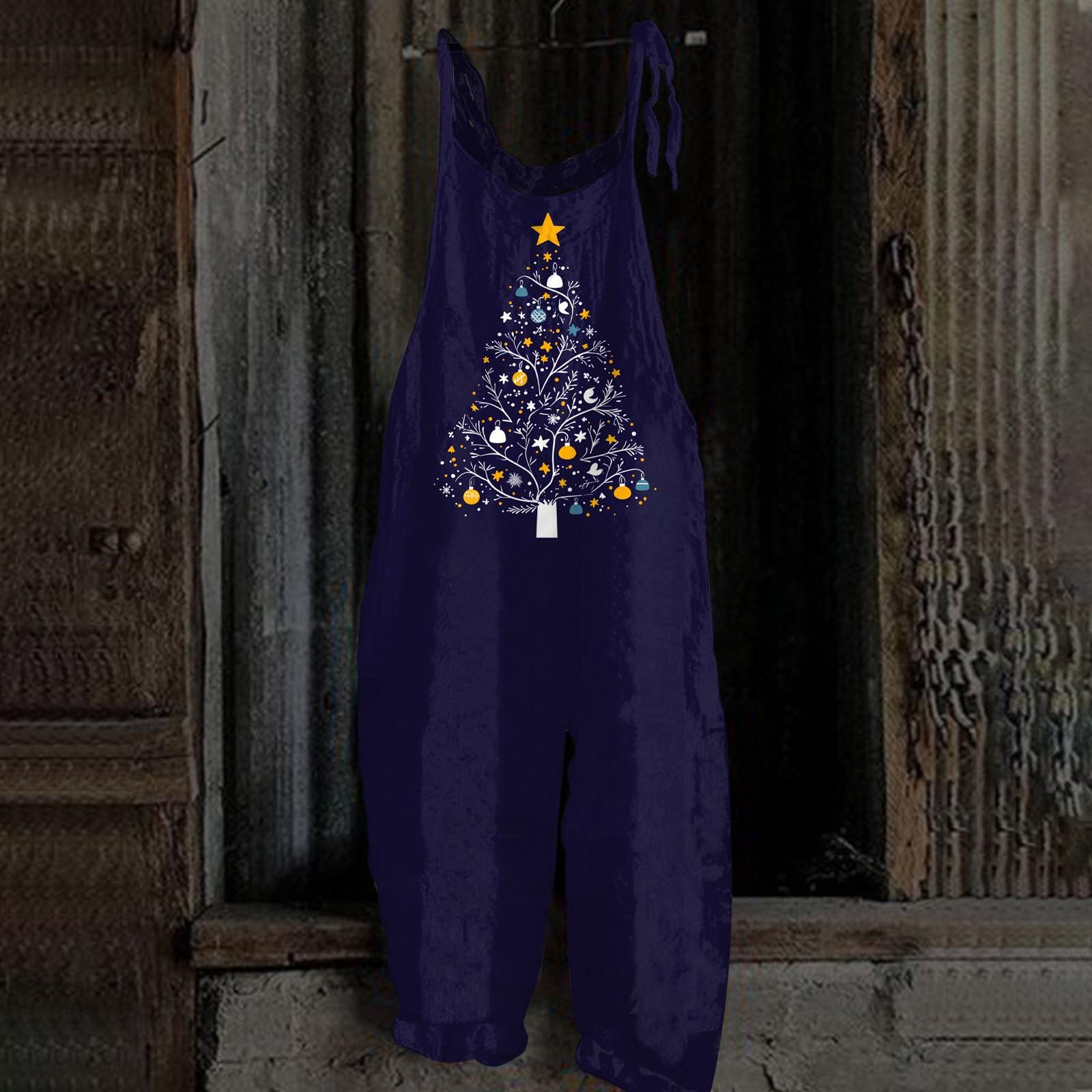 

Женский комбинезон с рождественским принтом, повседневный свободный винтажный комбинезон из хлопка и льна XXXL тёмно-синий