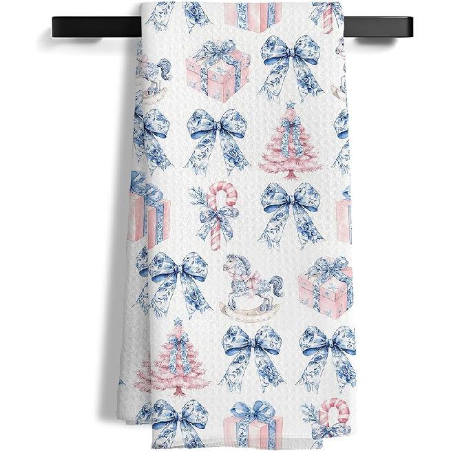 Chinoiserie Coquette Bow Christmas Kitchen Towels, Girly Xmas Tree Candy Cane Decorative Hand Towels for Bathroom, Grandmillennial Christmas Dish Tea E-bow