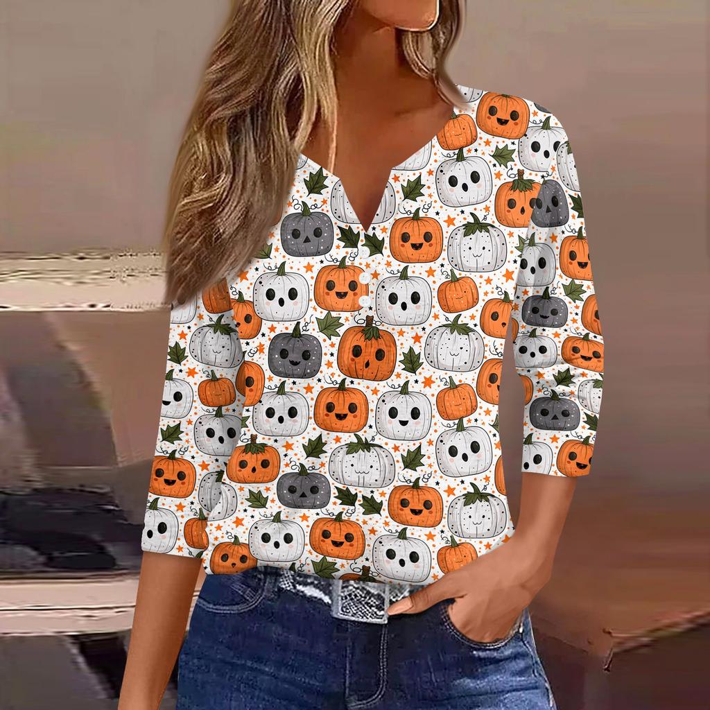 Lady's fashionable casual V-neck buttoned Halloween print three-quarter sleeve