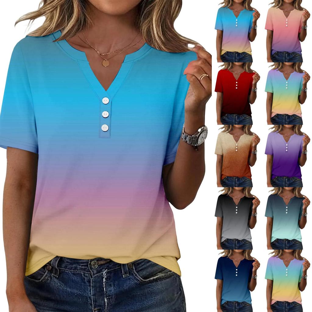 Women's Fashionable Casual Short-sleeved Gradient Printed V-neck Top
