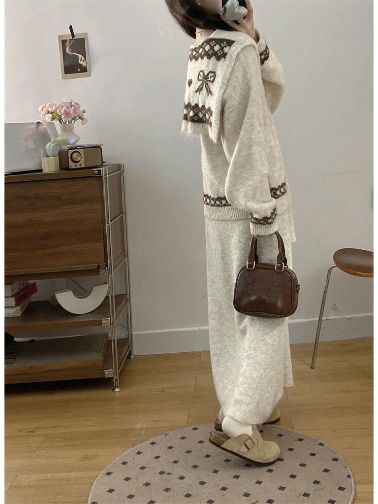 Korean Style V-Neck Jacquard Sweater & Knit Skirt Set - Plus Size, Loose Fit