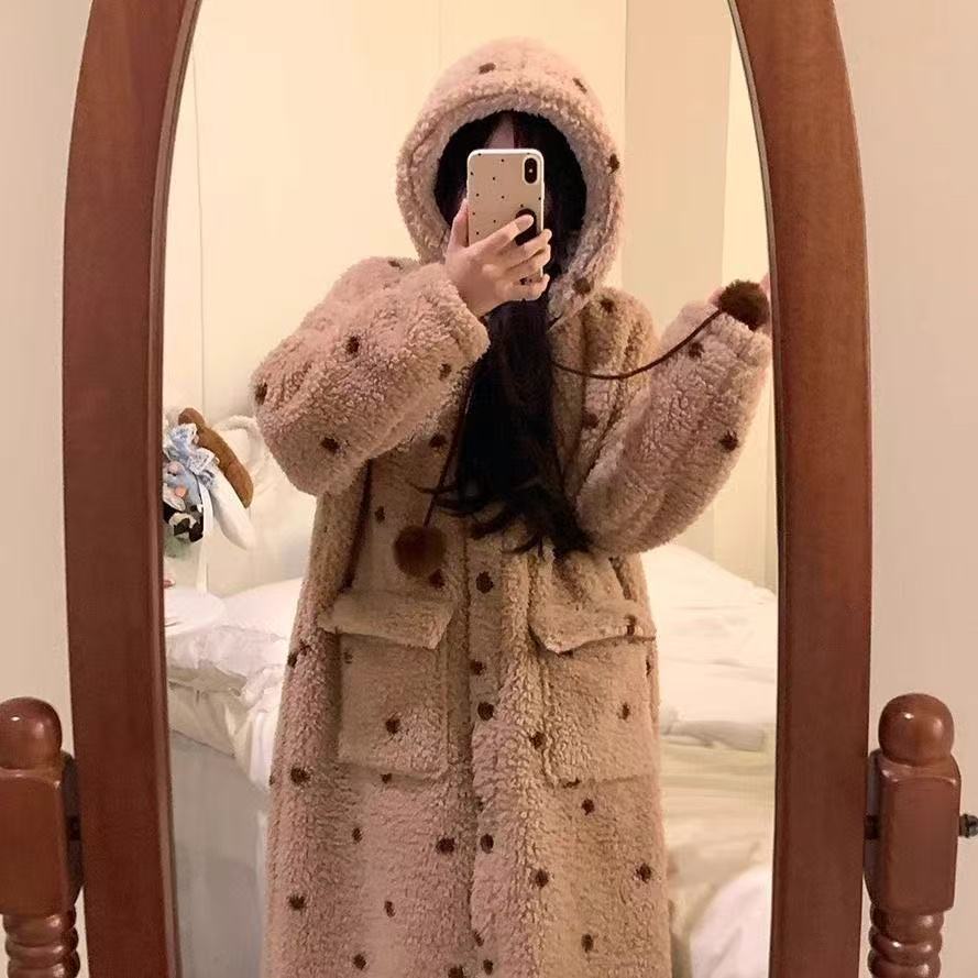 Women Coral Fleece Bathrobe Hooded Flannel Robe Set Thick Warm Loungewear Fall Winter