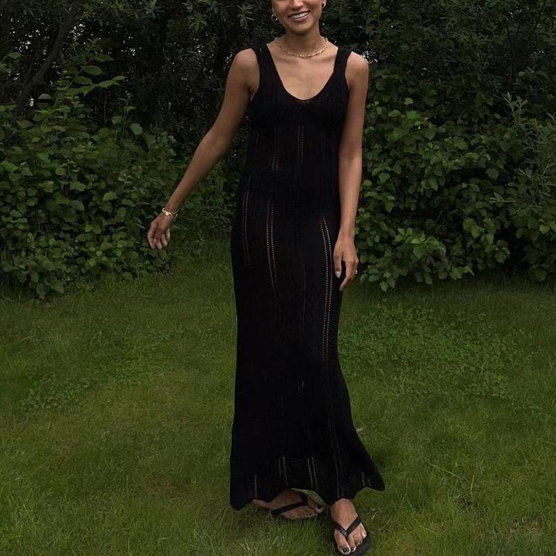 

European and American Sexy Backless Knitted Beach Skirt Cover up Dress Sexy Knitted Backless Dress Black M