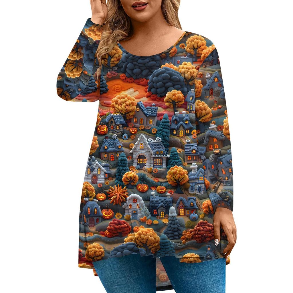 Dames Mode Grote Maat Ronde Hals Lange Mouwen Casual Halloween Print Losse Pullover Top