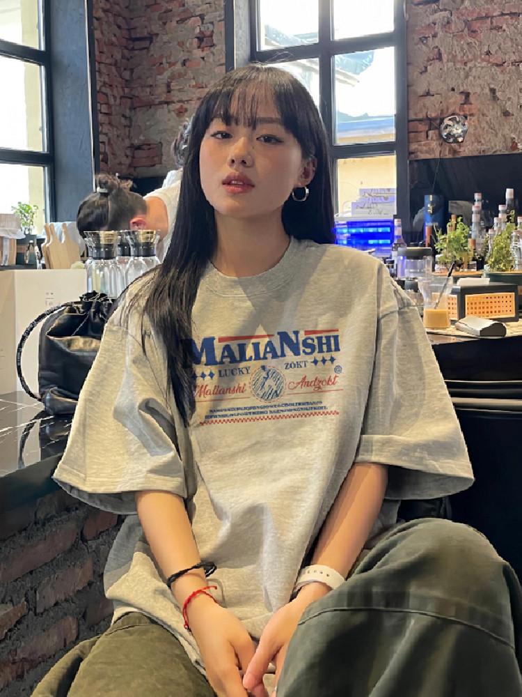 American gray trendy brand pure cotton short-sleeved t-shirt women's new summer loose large size fat mm half-sleeved top ins