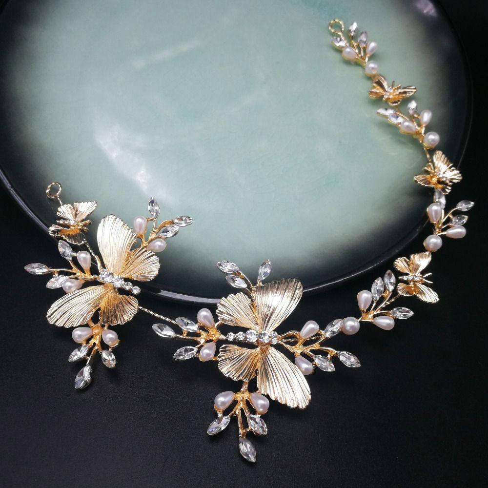 Elegant Bridal Butterfly Headband Pearl Beads Wedding Crystal Headwear  for Women Girls