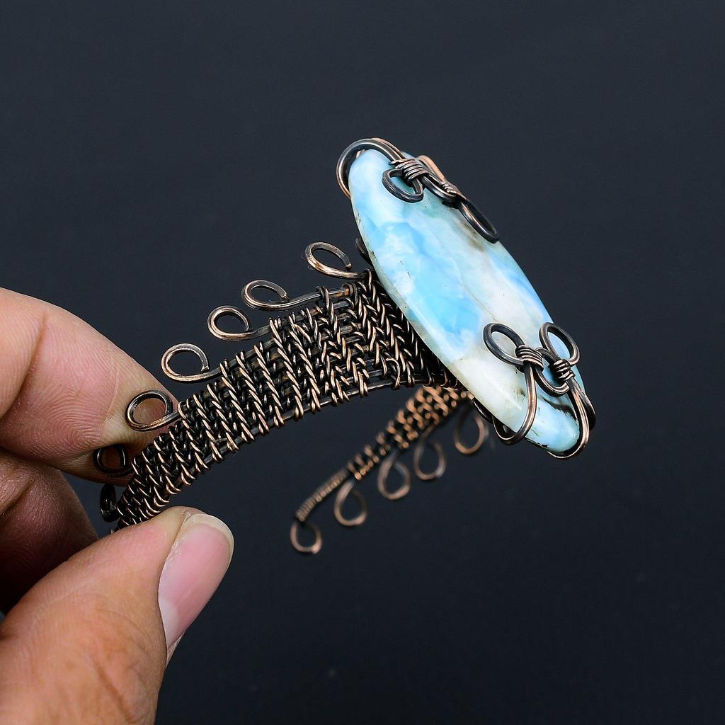 Larimar Gemstone Pure Copper Wire Wrapped Handmade Cuff/ Bangle Jewelry For Her