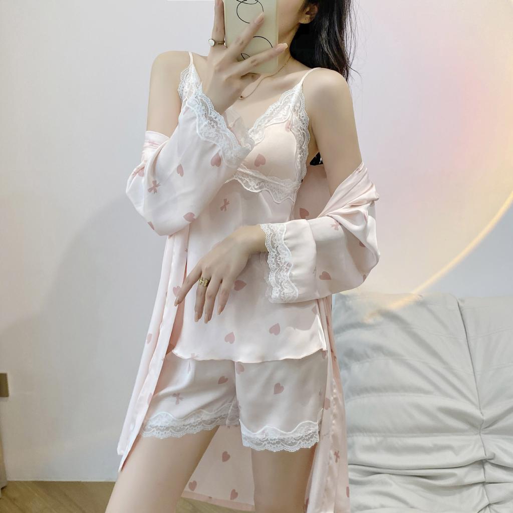 Ice silk pajamas set women's thin spring and summer new suspender shorts nightgown with chest pad sexy printed loungewear