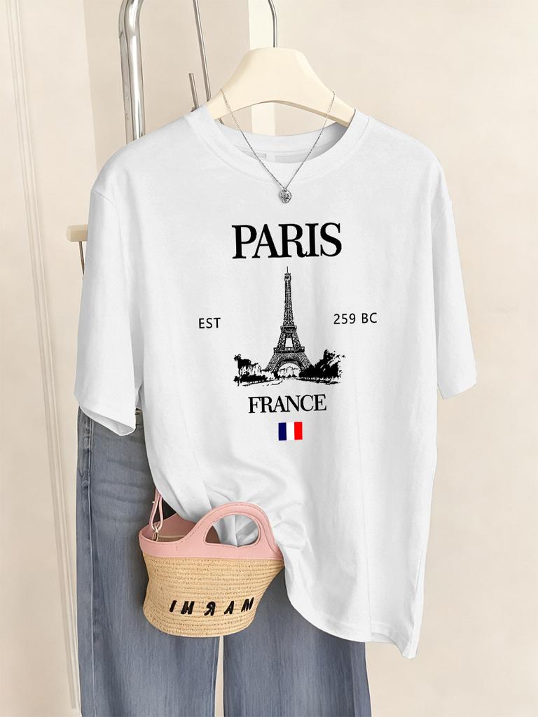 Paris Frankreich Eiffelturm Drucke T-Shirts Damen Sommer Basic Kurzarm Oberteile Rundhals Lockere T-Shirts Basics Weiche Damenkleidung