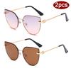 2pcs Women Metal Large Cat Eye Sunglasses Fashion Female Gradient Color Sun Glasses Outdoor UV Protection Design Eyeglasses