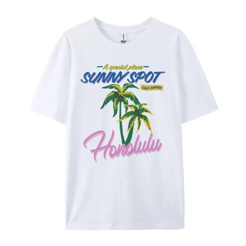

Hawaiian Palm Tree Graphic Tees Female Fashion Tropical Beach TShirts Short Sleeve Cotton Women Retro Aesthetic Vacation Tops S