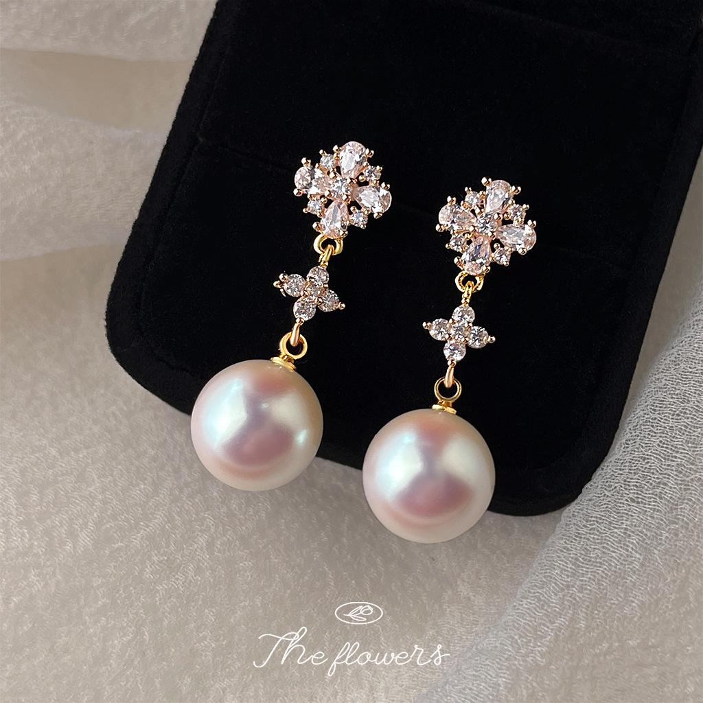 Micro-inlaid zircon 925 silver needle plated 14K wind long pearl earrings earrings supply chain