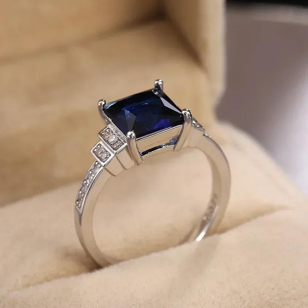Blue Square Cut Four Claws Women Ring Vintage Design Gracious Lady Luxury Inlaid Zircon Female Jewelry Wedding  Rings