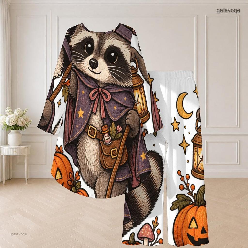 Women Plus Size Round Neck Long Sleeve Cartoon Bear Printed High Low Top Wide Leg Pants Two Piece Set