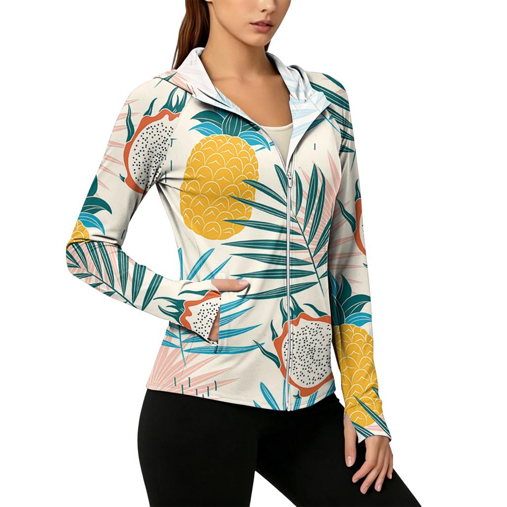 Women’s Zip Up Hooded Sun Jacket with Pockets Long Sleeve Lightweight Outerwear Tropical Print Design