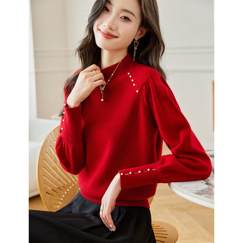 Srcr Women's 100% Wool Beaded Semi-High Collar Short Sweater