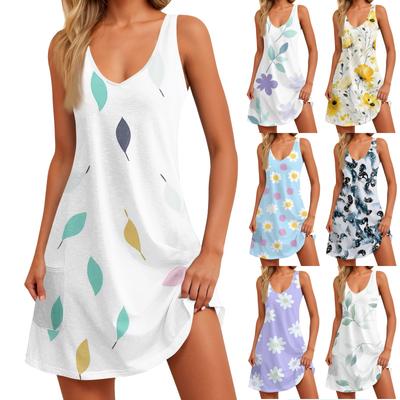 Women's Casual Floral (Leaves) Printed Summer Bohemian Beach Dress With Pockets V-Neck Tank Dress